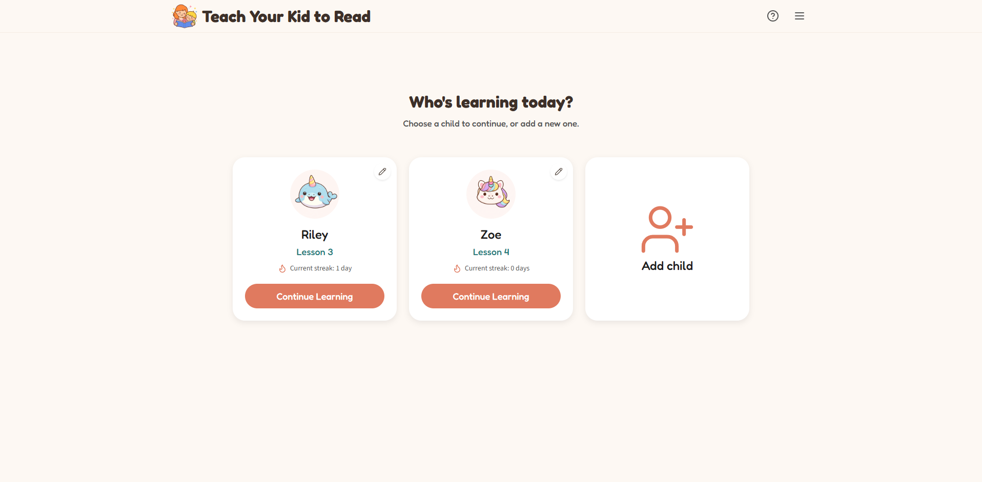 Phonics reading app interface